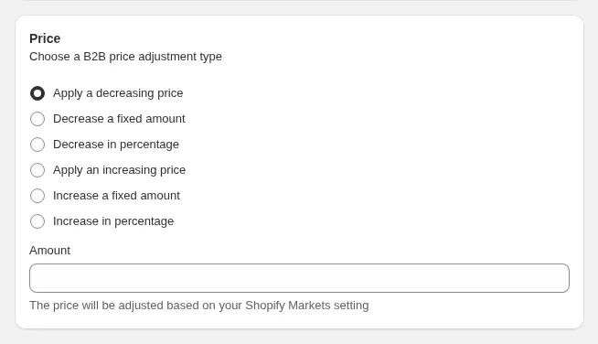 Price card of a Custom Pricing rule with the six B2B price adjustment types and the Amount field