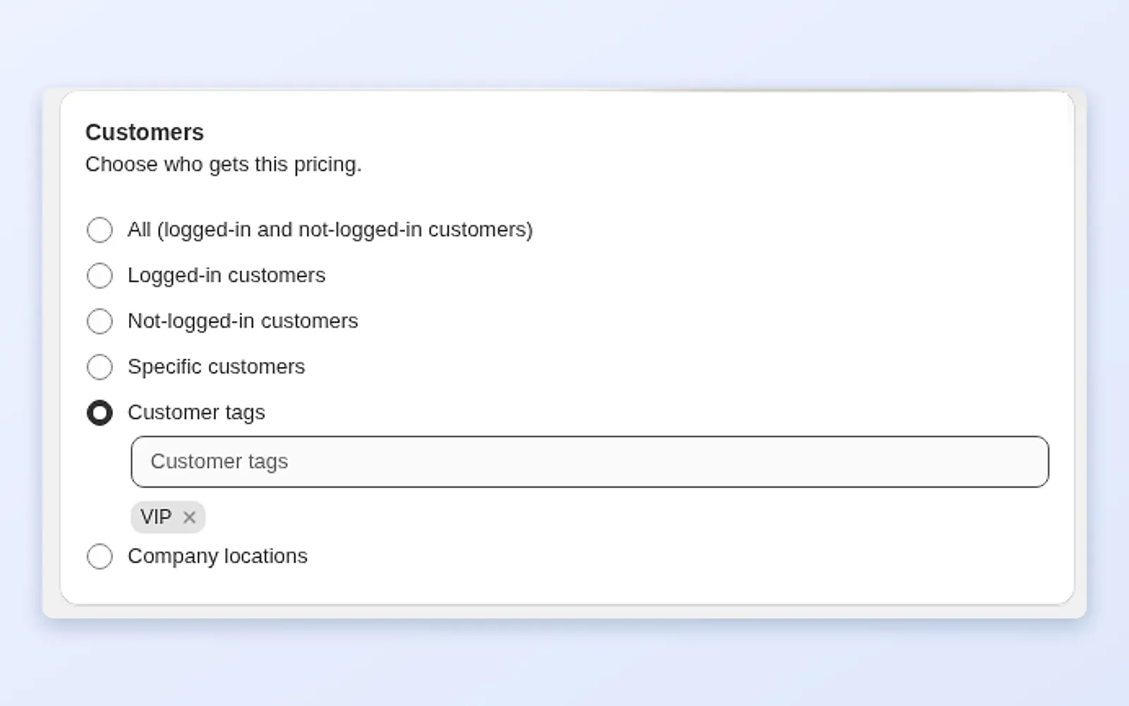 BSS B2B Solution Custom Pricing rule with the Customer tags option selected and a VIP tag added