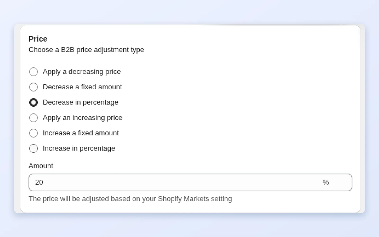 BSS B2B Solution Custom Pricing rule with the price adjustment type set to decrease in percentage and an amount of 20 percent