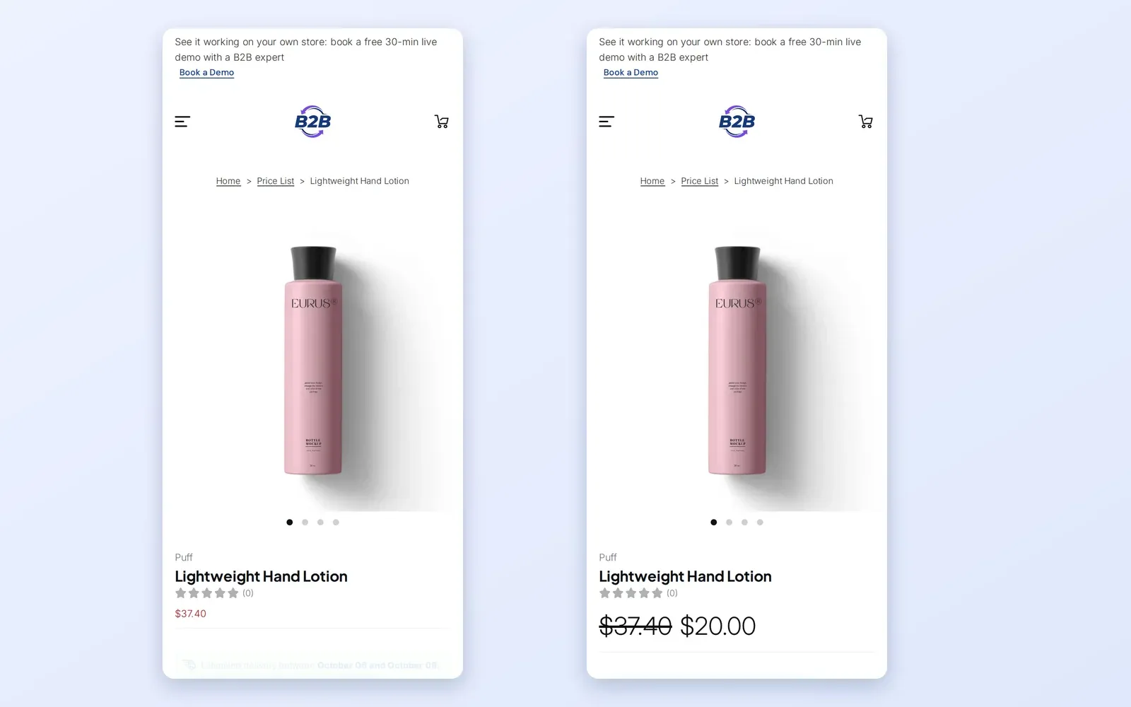 Zwei mobile Produktseiten nebeneinander: Ein Gast im Einzelhandel sieht den Preis US$37,40, ein Käufer mit Tag sieht US$20,00