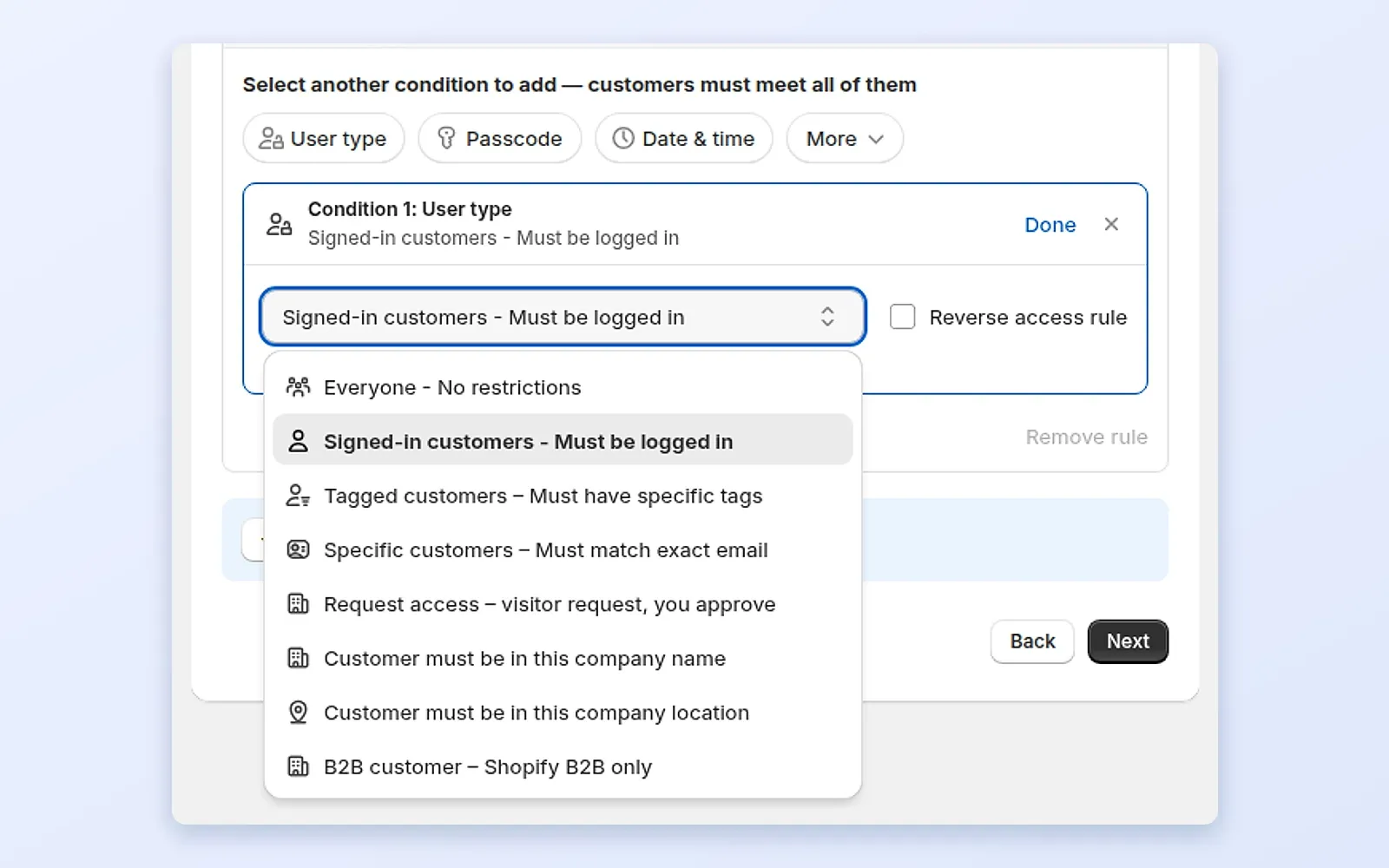 BSS B2B Lock rule editor with the list of access conditions: everyone, signed-in customers, tagged customers, specific customers, request access and company options