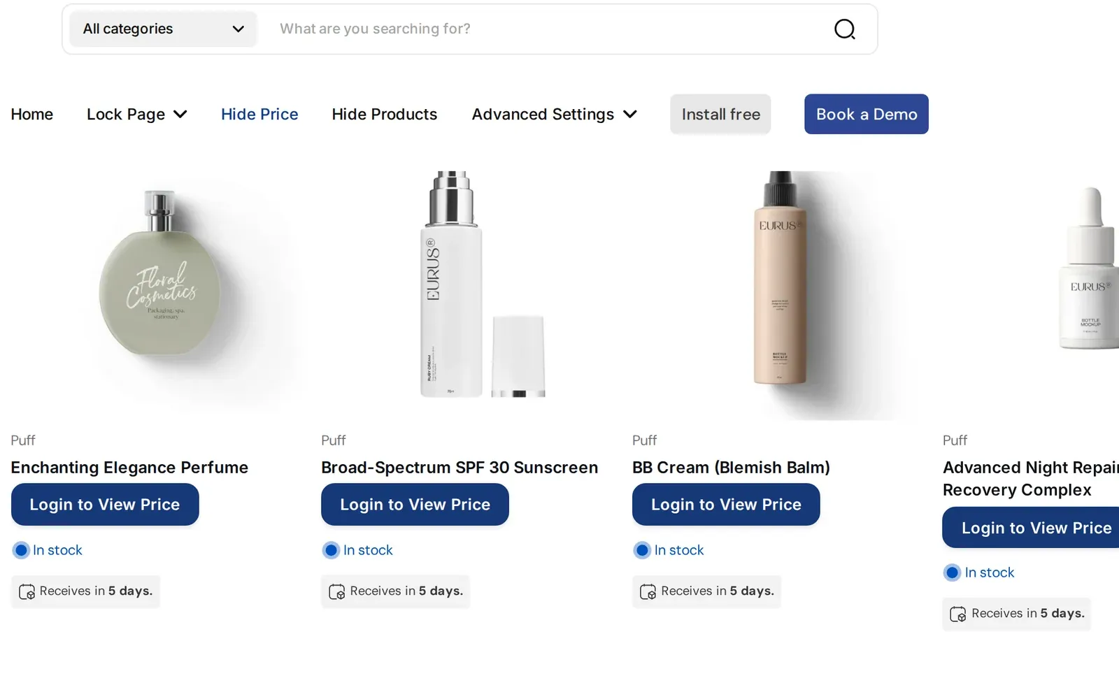 Demo store collection page where each price is replaced by a Login to View Price button for a guest visitor