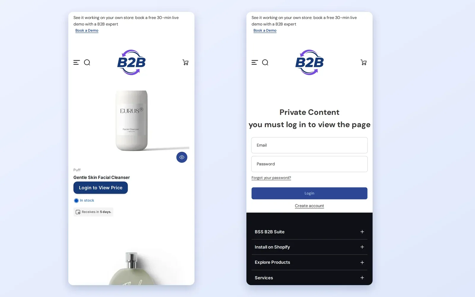 Zwei Mobil-Screenshots eines Demo-Shops: eine Produktseite mit Button „Login to View Price“ und das Login-Formular