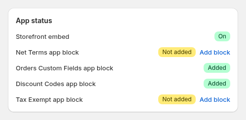 The App status card on the app home page showing the storefront embed and app blocks