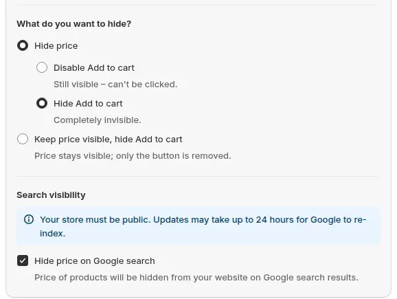 BSS B2B Lock settings with options to hide the price, disable or hide Add to cart, or keep the price visible and hide only the button