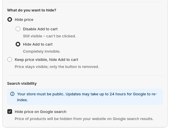 BSS B2B Lock options to hide price, disable or hide Add to cart, and hide price on Google search
