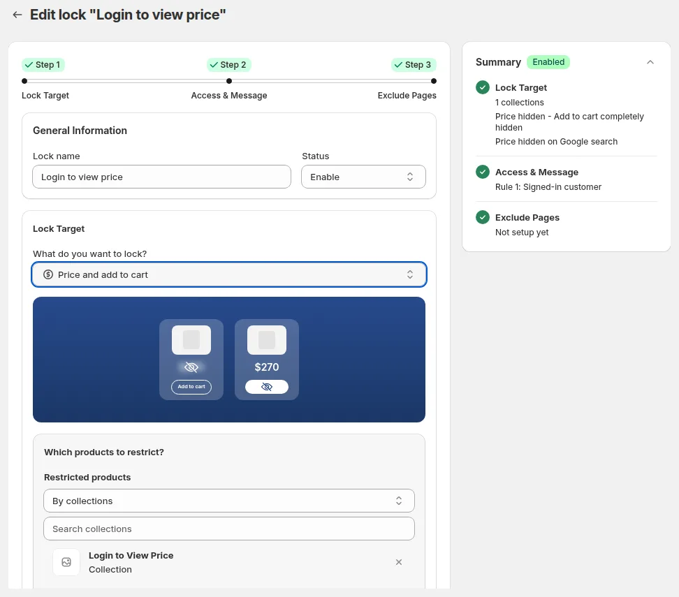 BSS B2B Lock editor step 1 with Price and add to cart selected as the lock target and a summary card