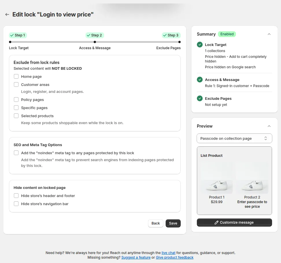BSS B2B Lock, Schritt 3 Exclude Pages mit Exclude from lock rules, SEO and Meta Tag Options und den Optionen zum Ausblenden von Inhalten