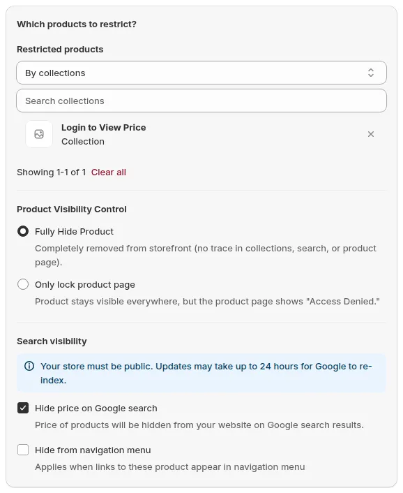 BSS B2B Lock Products target set to Fully Hide Product