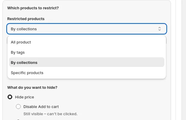 Dropdown für eingeschränkte Produkte in BSS B2B Lock mit den Optionen „All products“, „By tags“, „By collections“ und „Specific products“