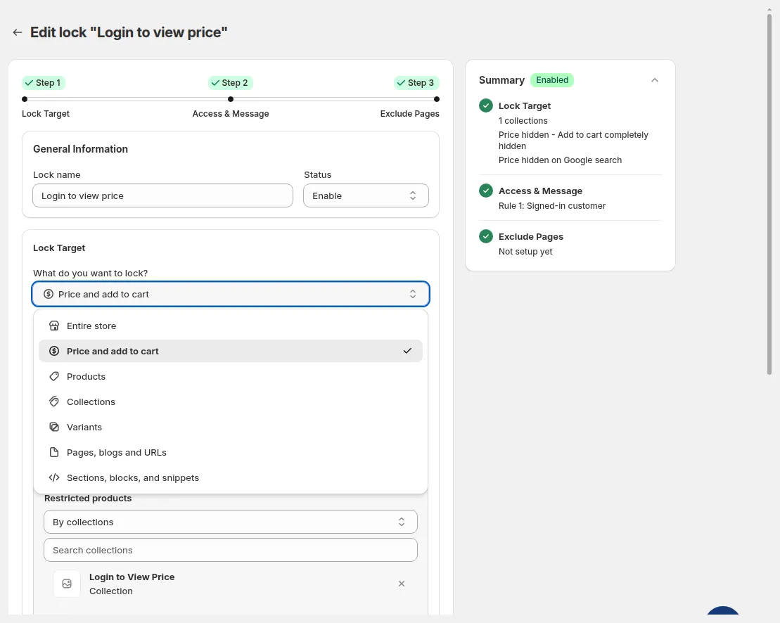 BSS B2B Lock What do you want to lock dropdown open with Entire store, Price and add to cart, Products, Collections, Variants, Pages blogs and URLs, and Sections