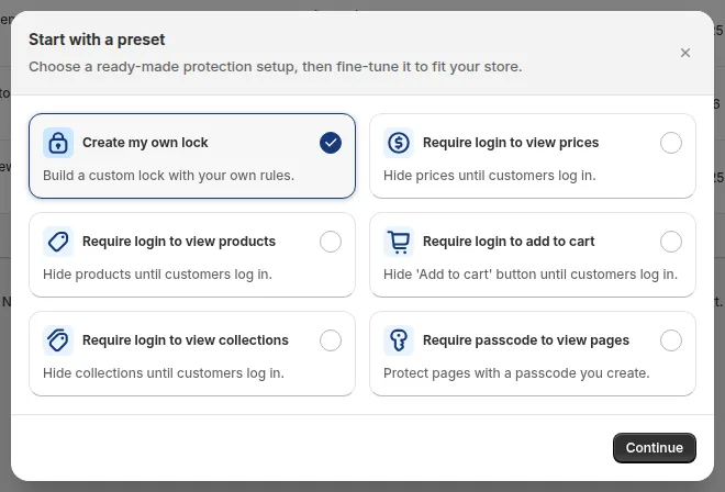 BSS B2B Lock Start with a preset window with Create my own lock selected and a Require login to view prices preset