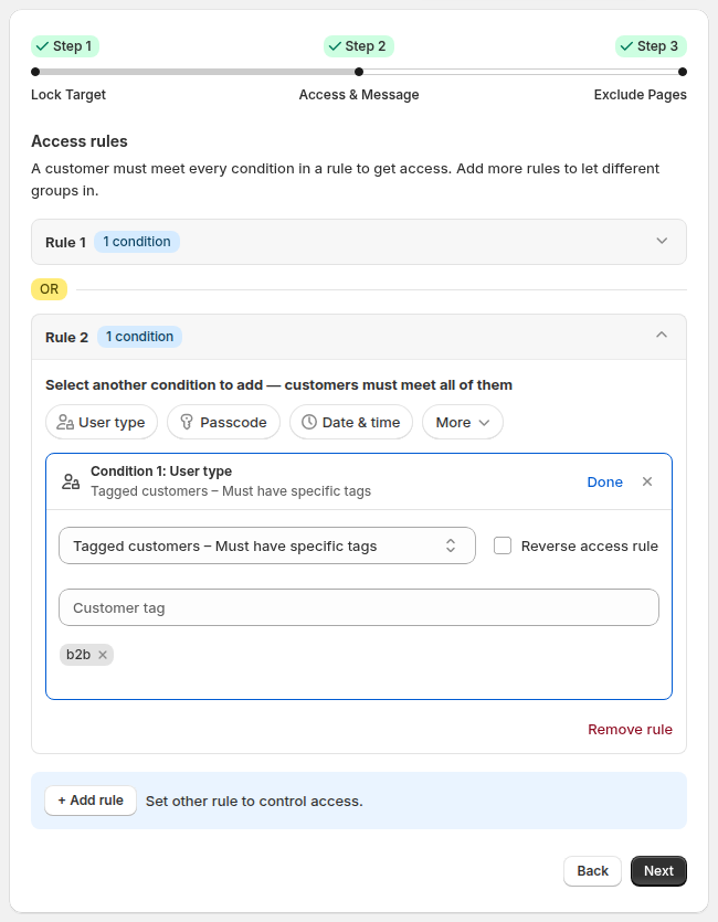 BSS B2B Lock second access rule that grants access to customers with the b2b tag