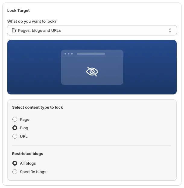 BSS B2B Lock editor with Pages, blogs and URLs selected as the lock target and options to restrict a page, blog or URL