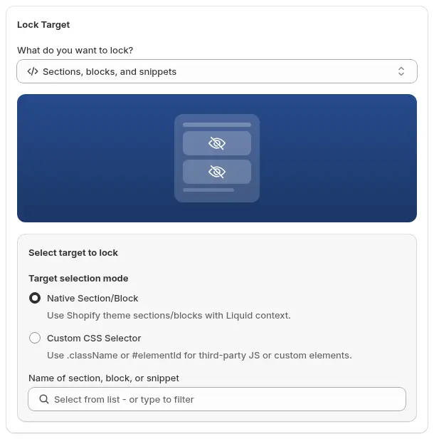 BSS B2B Lock editor with Sections, blocks, and snippets selected as the lock target