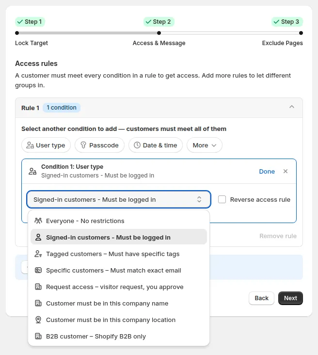 Dropdown User type in BSS B2B Lock mit „Everyone“, „Signed-in customers“, „Tagged customers“ und „Specific customers“