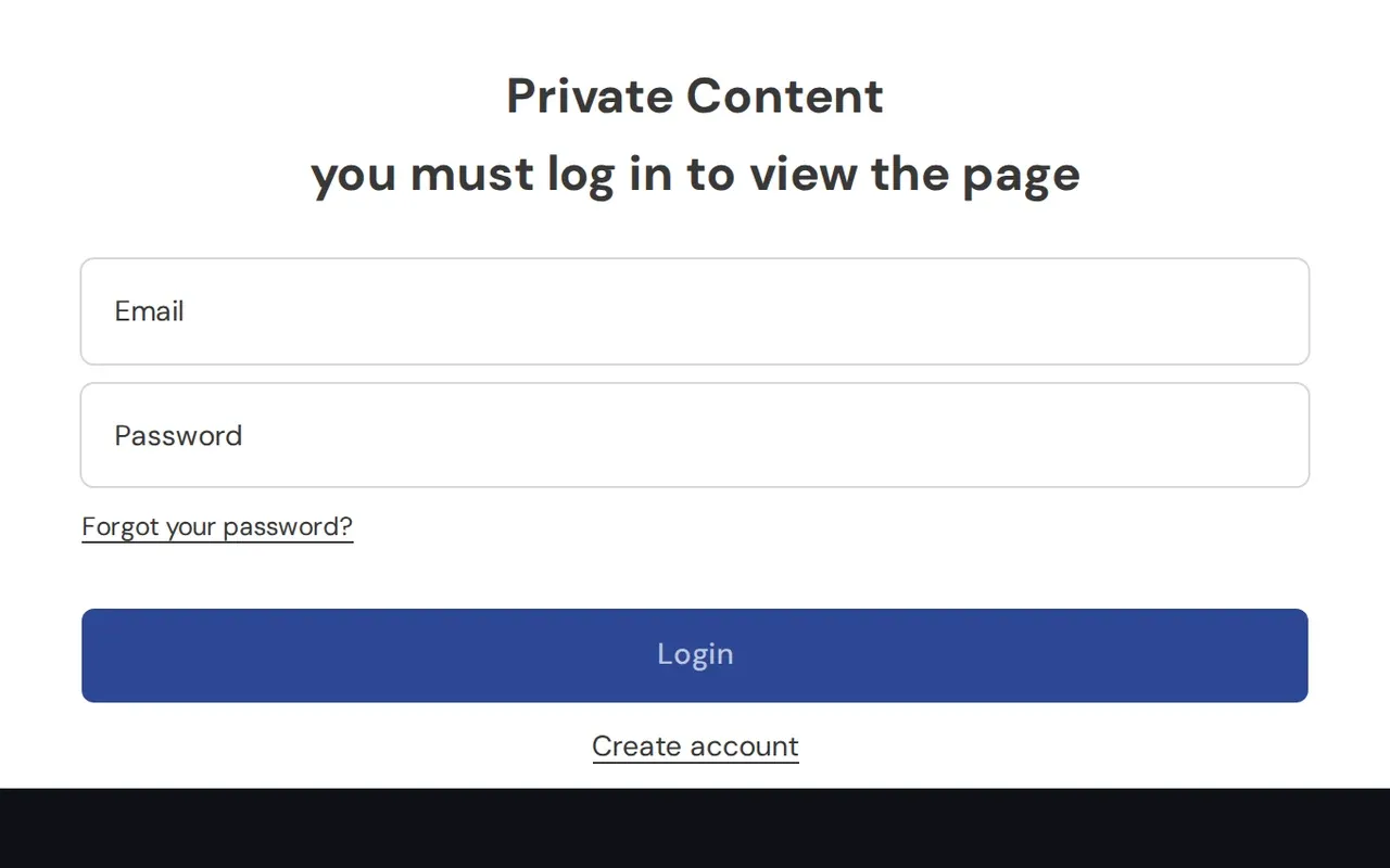 Private Content page asking a visitor to log in with email and password before viewing the page