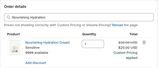Manual order line in the BSS B2B Solution admin: $30.00 struck through and $20.00 with the label Custom Pricing applied
