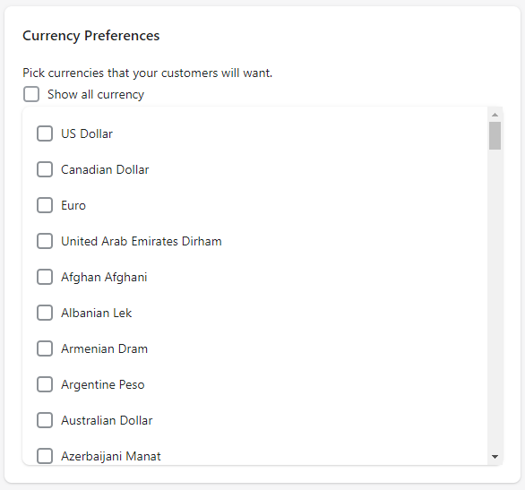 The Currency Preferences card of the Multi-currency module with a list of currencies to tick
