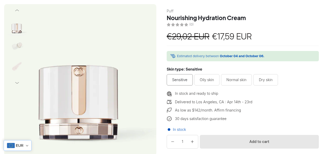 The same product in euros with the custom price and original price converted
