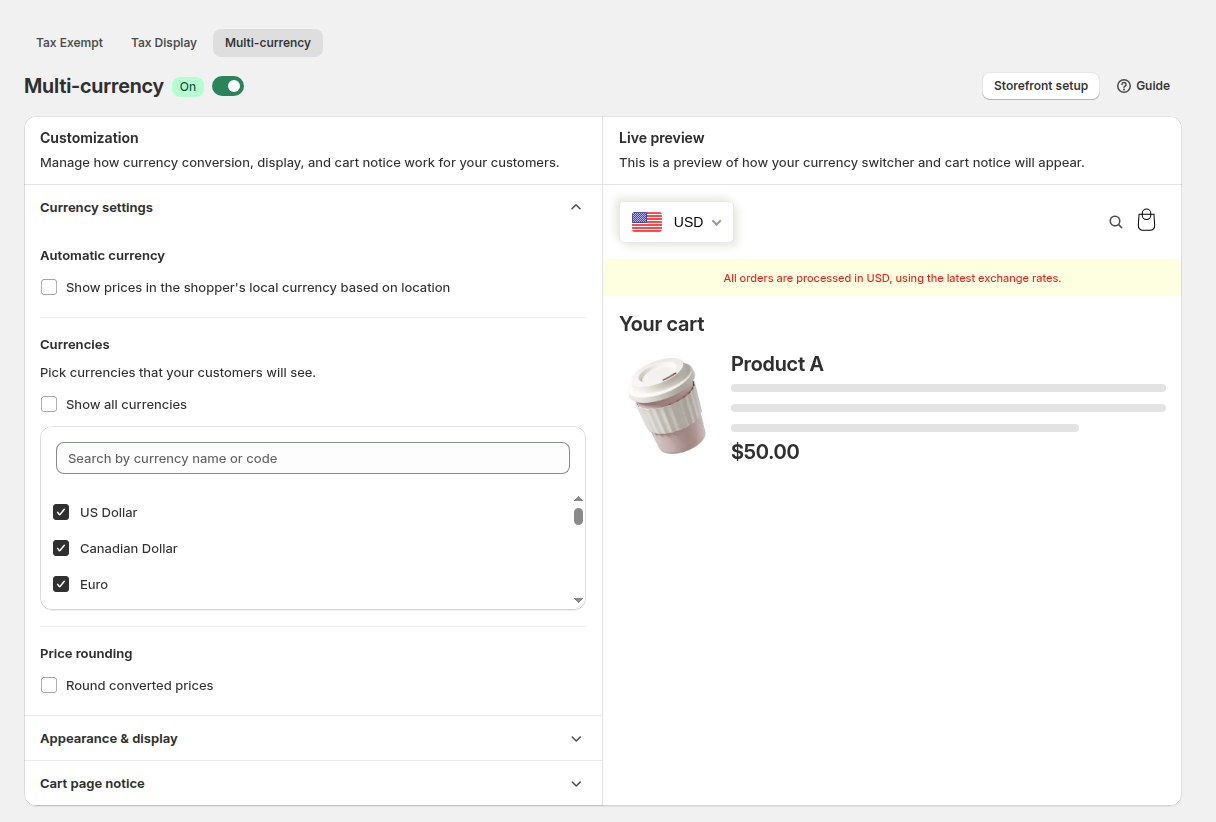 The Multi-currency page with currency settings, price rounding and a live preview