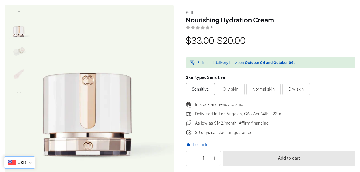 A product page in US dollars with the custom price $20.00 beside the original $33.00
