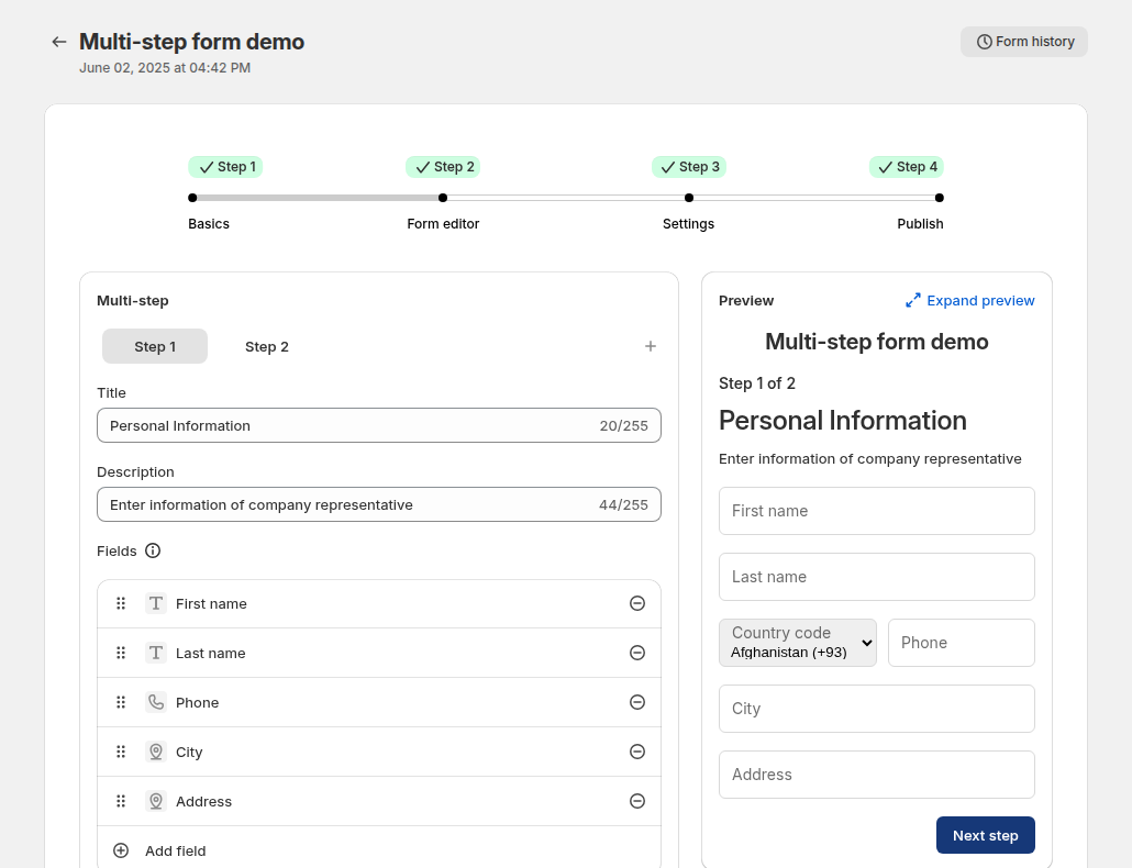 The Form Editor with Step 1 and Step 2 tabs, the fields and the live preview