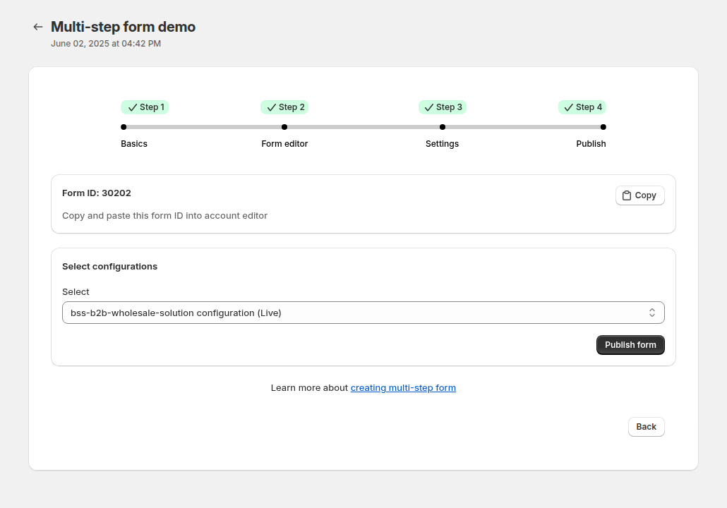 The Publish step with the form ID and configuration selection