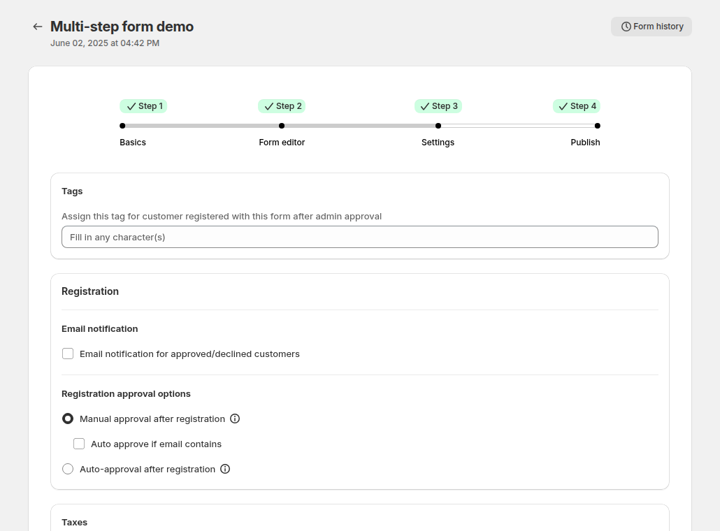 The Settings step with tags, registration approval options and taxes