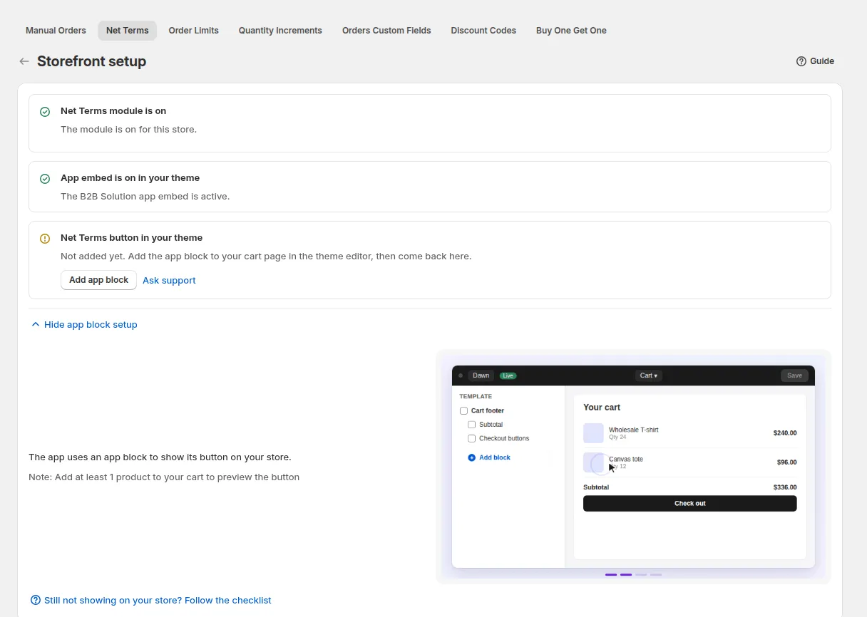 Storefront setup for Net Terms with the module on, the app embed on and the Net Terms button check