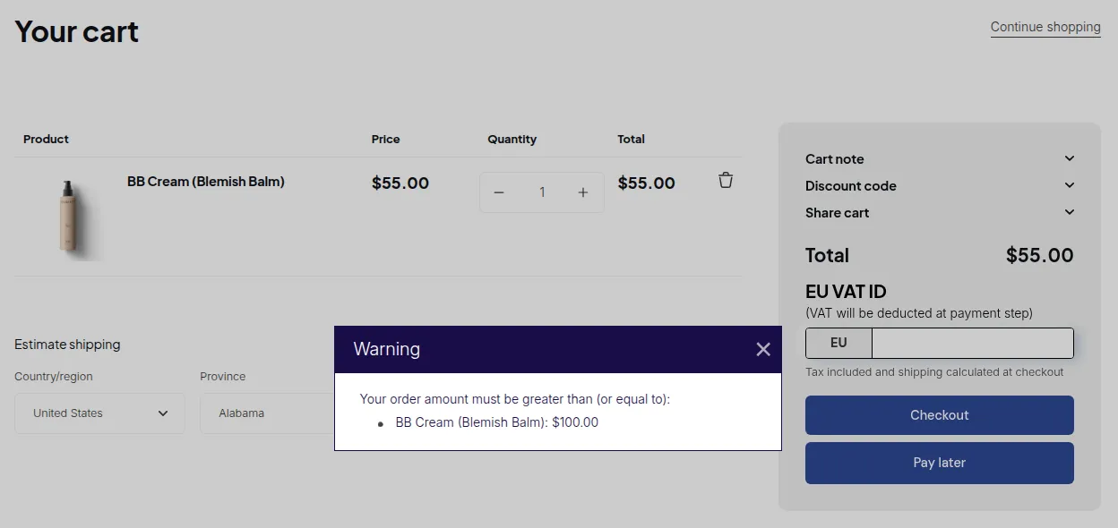 Cart page with a warning pop-up saying the order amount must be at least $100.00
