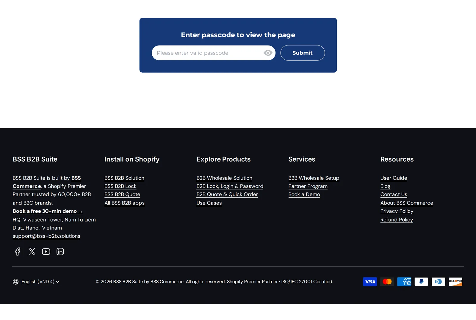 BSS B2B Lock demo store page that asks a guest to enter a passcode before the content is shown