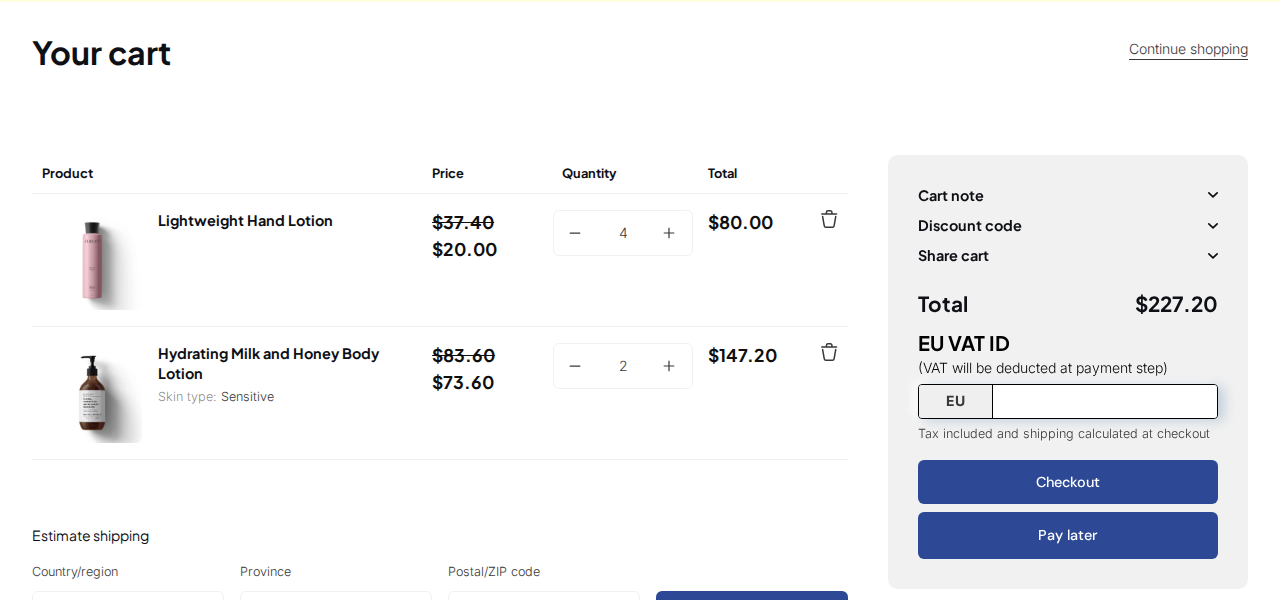 The cart for a buyer with price list prices applied