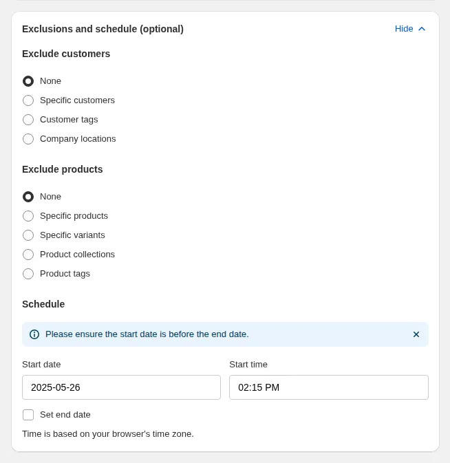 Karte Exclusions and schedule einer Price-List-Regel mit Exclude customers, Exclude products und Schedule