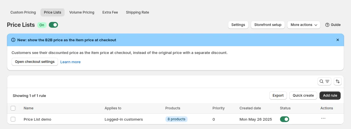 Price Lists page in BSS B2B Solution with the module switched on and a list of price list rules