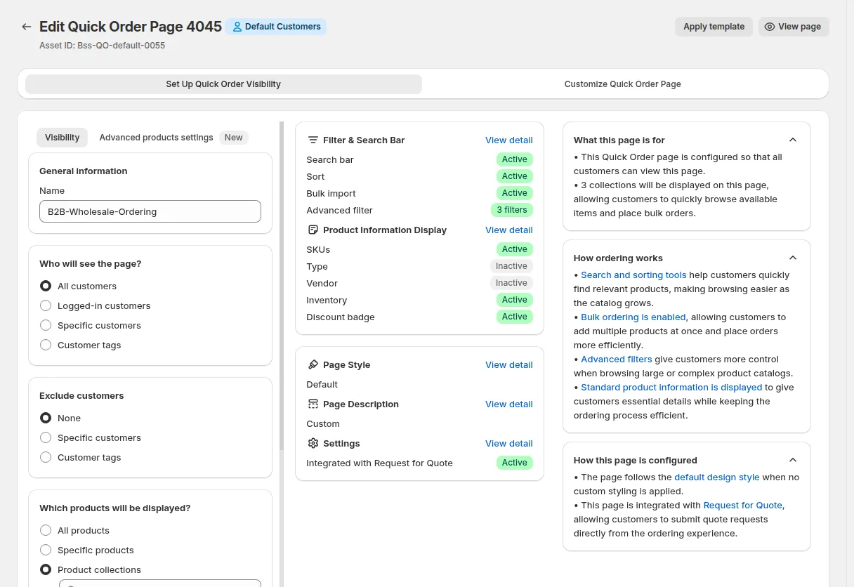 BSS B2B Quote Quick Order editor, Visibility tab, with options for who will see the page, exclusions and which products are displayed