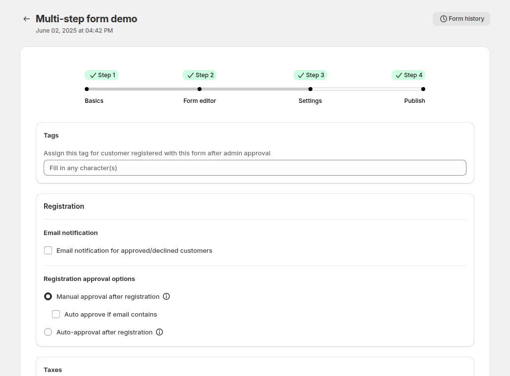 Settings step of a BSS B2B Solution registration form: a tag assigned to the customer after admin approval, and manual or automatic approval options