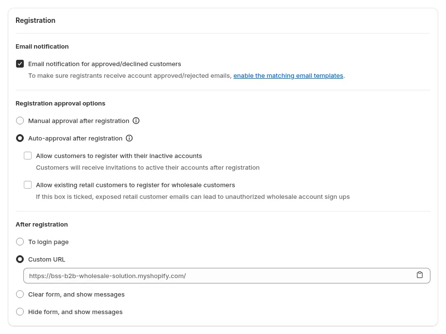 Registration card in the BSS B2B Solution form settings with email notification, manual or auto approval options and the After registration choices