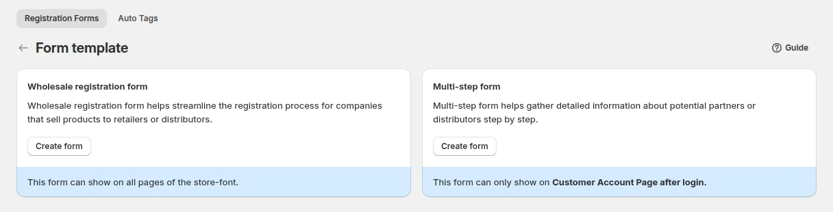 Seite mit Formularvorlagen in BSS B2B Solution mit den Optionen Wholesale registration form und Multi-step form