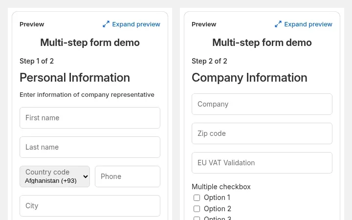 Two previews of a multi-step registration form: step 1 of 2 Personal Information and step 2 of 2 Company Information with company, zip code and EU VAT fields