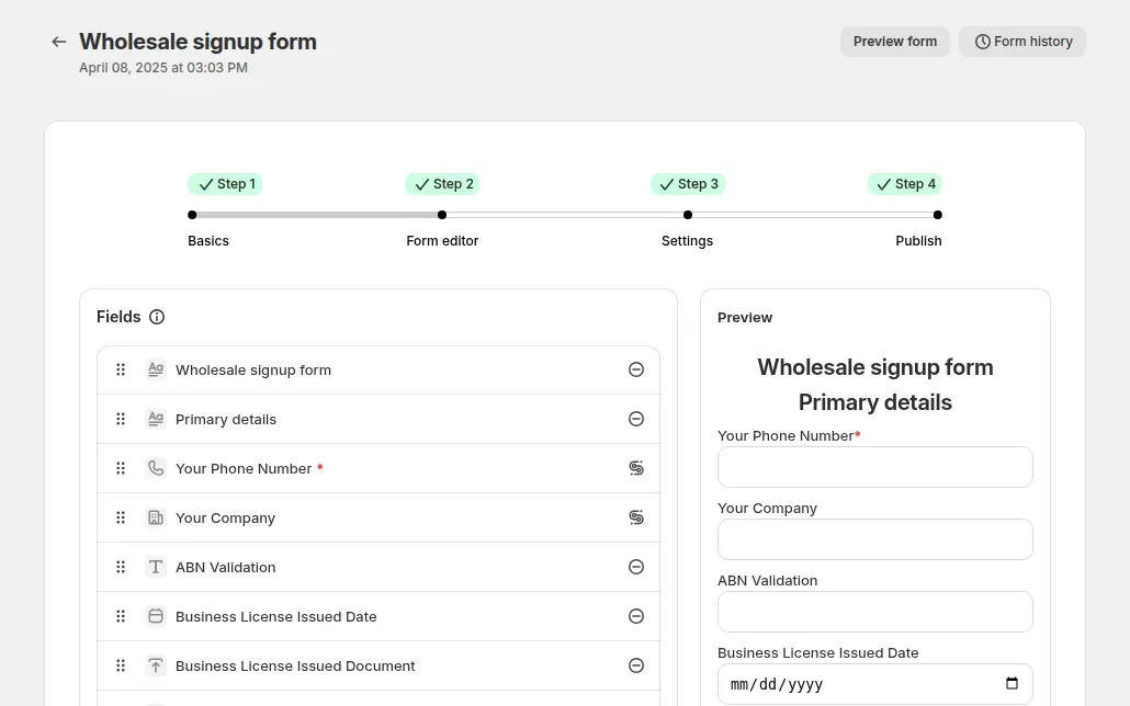 BSS B2B Solution wholesale signup form editor with four steps, a field list and a live preview