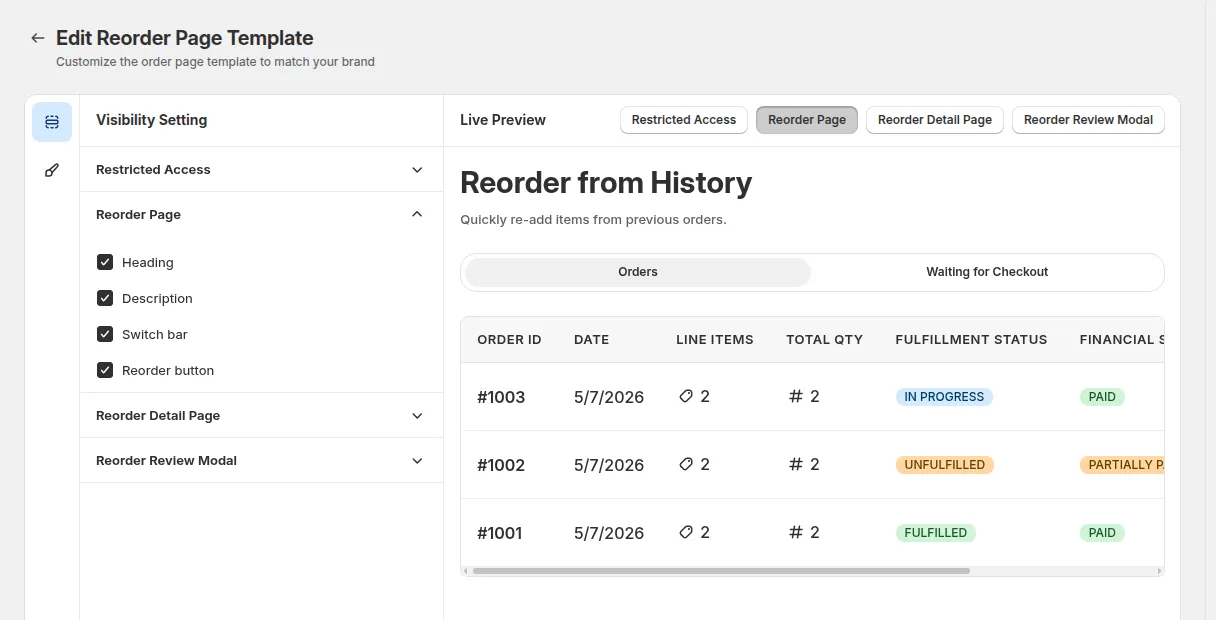 Edit Reorder Page Template in BSS B2B Quote mit Panel Visibility Setting links und Live-Vorschau der Nachbestellungs-Bildschirme