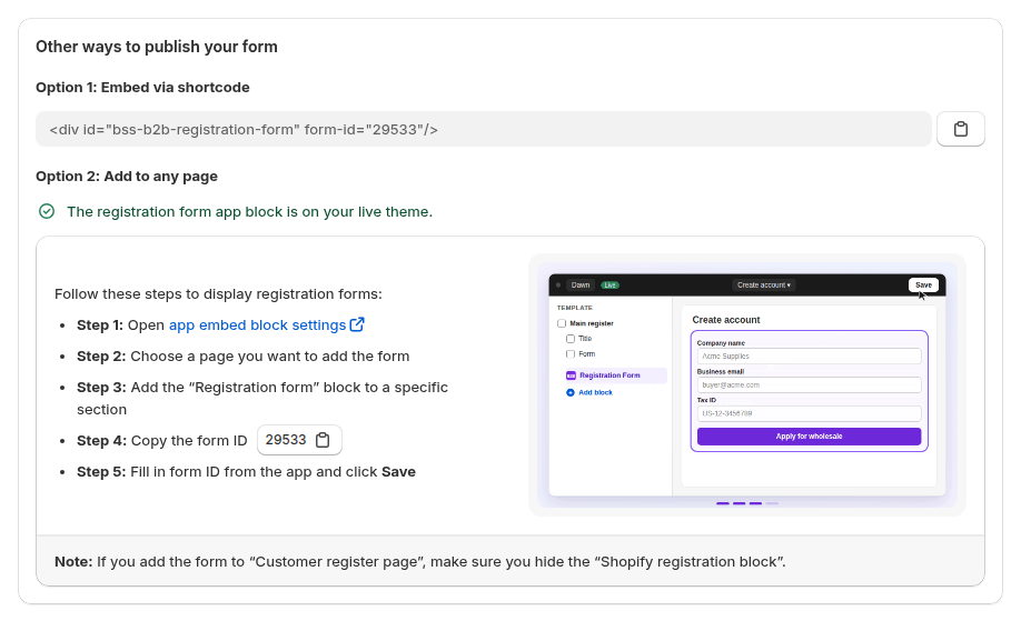 The Other ways to publish your form card with the shortcode and the Registration Form app block steps
