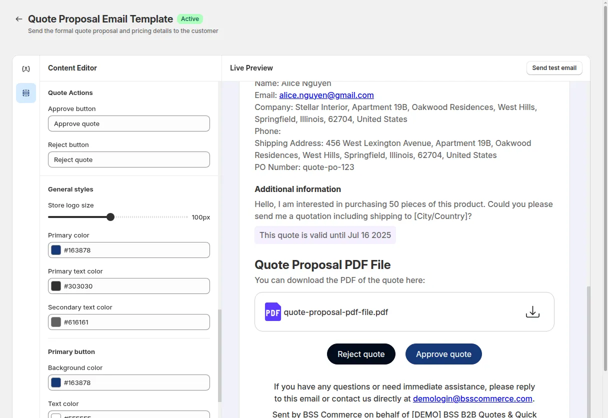 Quote Proposal Email Template editor in BSS B2B Quote with the Approve and Reject button labels and a live preview
