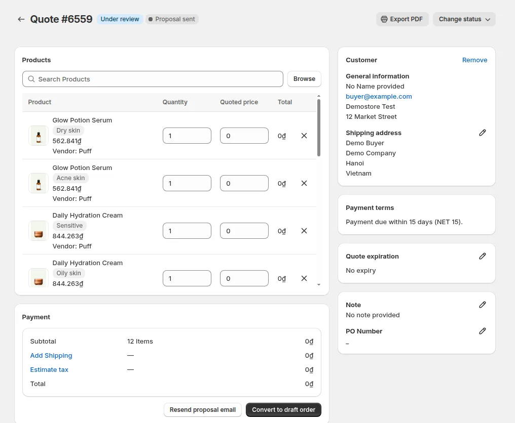 Quote detail page in the BSS B2B Quote admin with products, quantity, quoted price fields, customer details and payment terms