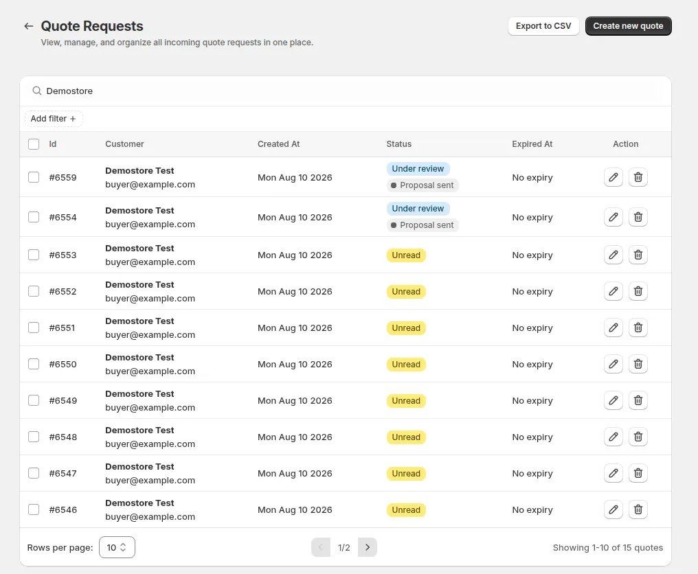 Quote Requests list in the BSS B2B Quote admin with ID, customer, created date, status and expiry for each quote