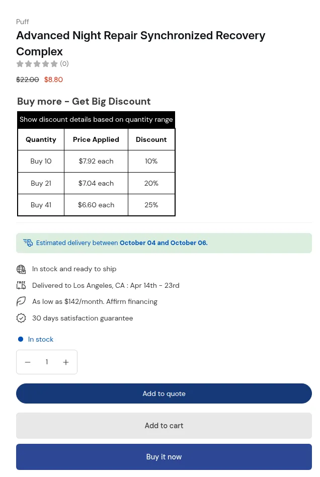 Product page with an Add to quote button above Add to cart and a quantity discount table