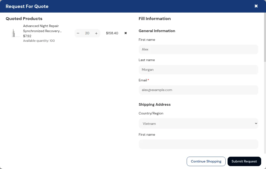 Request For Quote popup on a Shopify storefront with the quoted product on the left and the buyer's contact details on the right