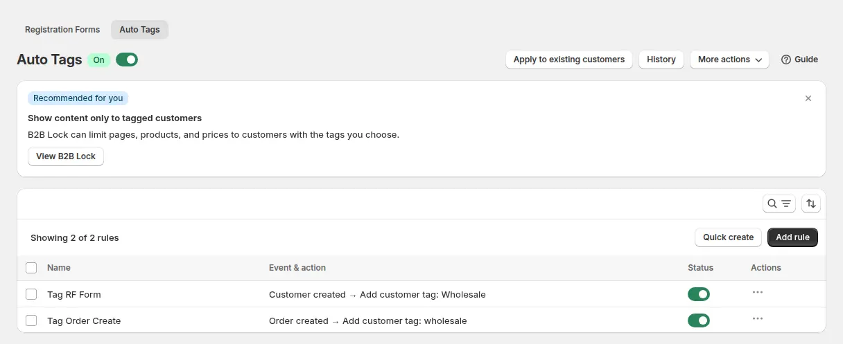 BSS B2B Solution Auto Tags list with two demo rules that add a wholesale tag when a customer or order is created