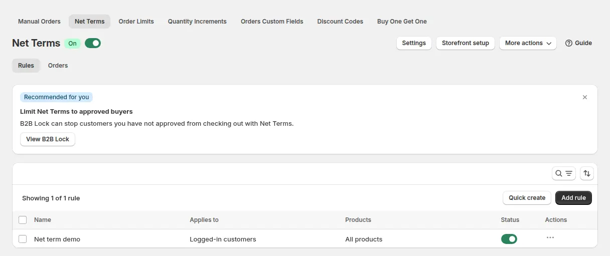 BSS B2B Solution Net Terms tab listing a demo rule that applies to logged-in customers